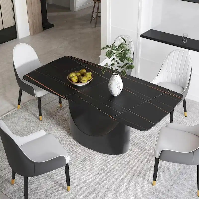 Plateau de table à manger rectangulaire en pierre frittée Marbre Noir 71 pouces avec pied en acier au carbone noir en U unique