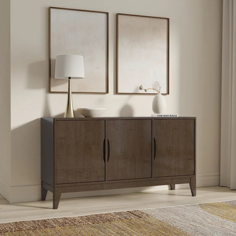 WYNDENHALL Pearson SOLID HARDWOOD 60 inch Wide Rectangle Modern 3 Door Sideboard Buffet / Storage Cabinet in Walnut Brown