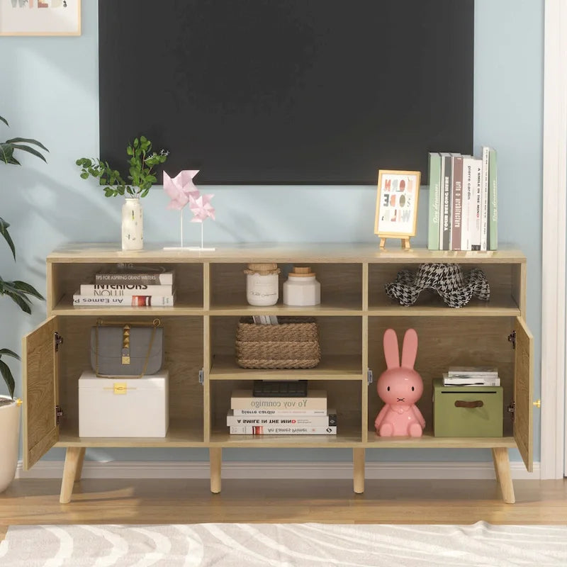 Meuble TV Anmytek moderne en rotin et bois, console, meuble TV pour téléviseurs jusqu'à 65 pouces - 59