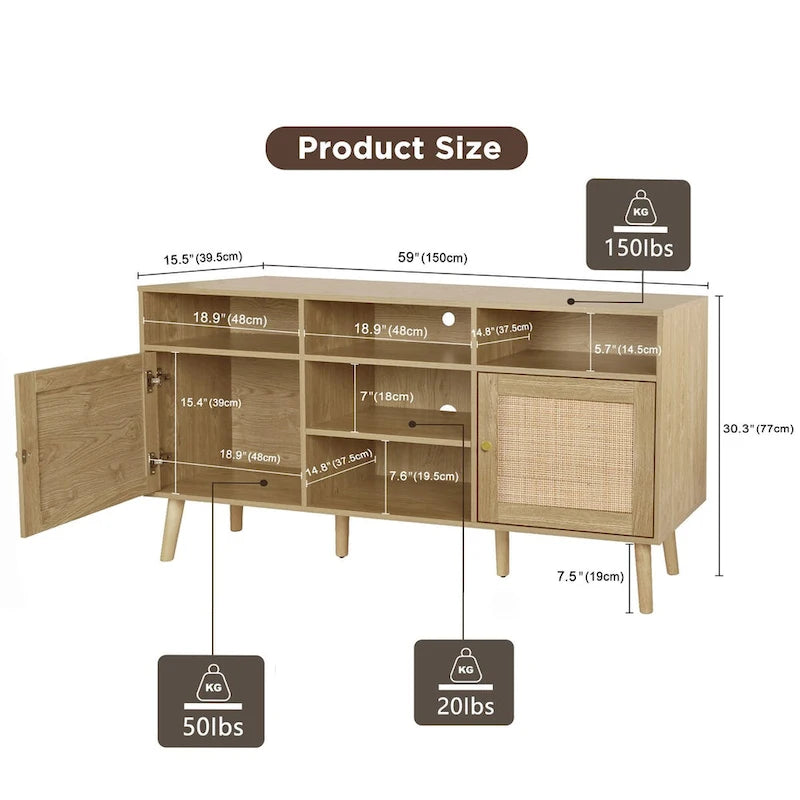 Meuble TV Anmytek moderne en rotin et bois, console, meuble TV pour téléviseurs jusqu'à 65 pouces - 59
