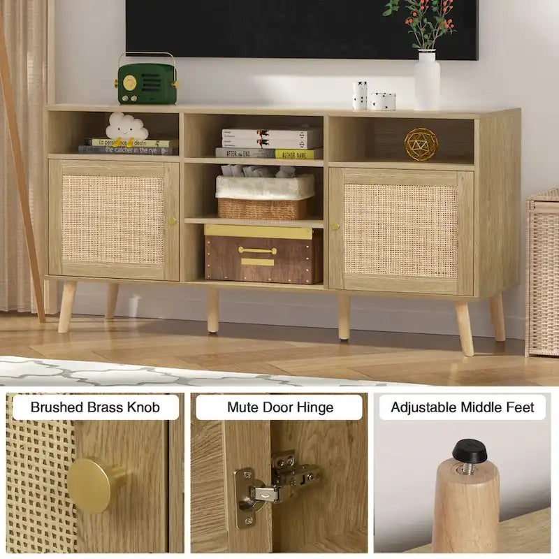Meuble TV Anmytek moderne en rotin et bois, console, meuble TV pour téléviseurs jusqu'à 65 pouces - 59