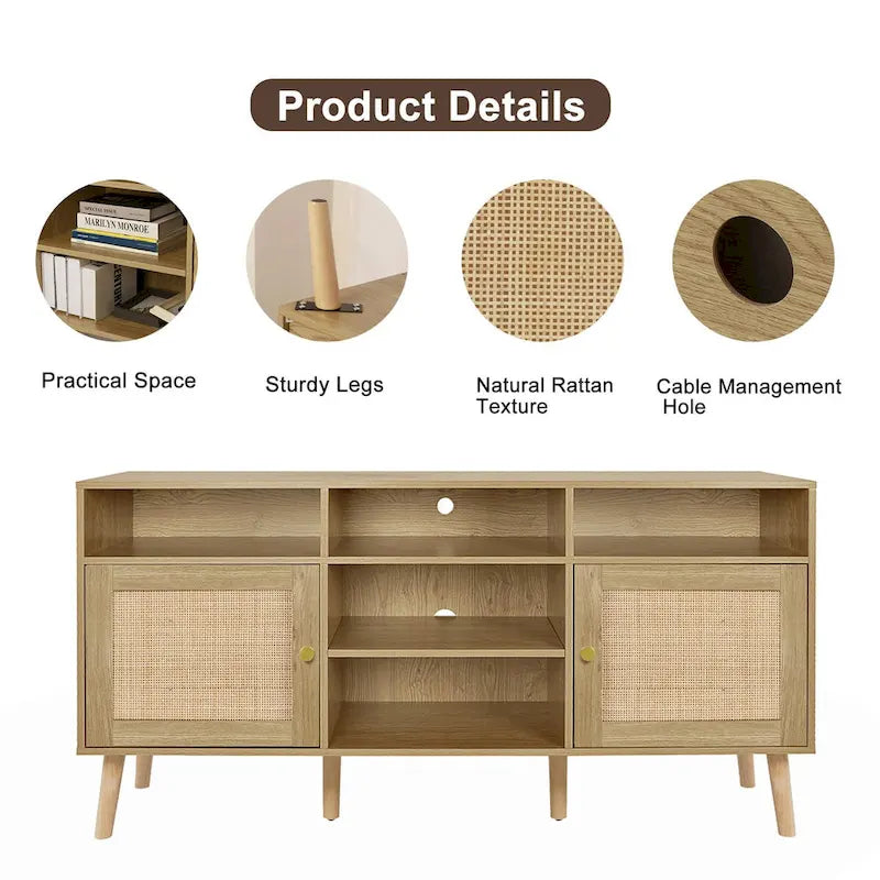 Meuble TV Anmytek moderne en rotin et bois, console, meuble TV pour téléviseurs jusqu'à 65 pouces - 59