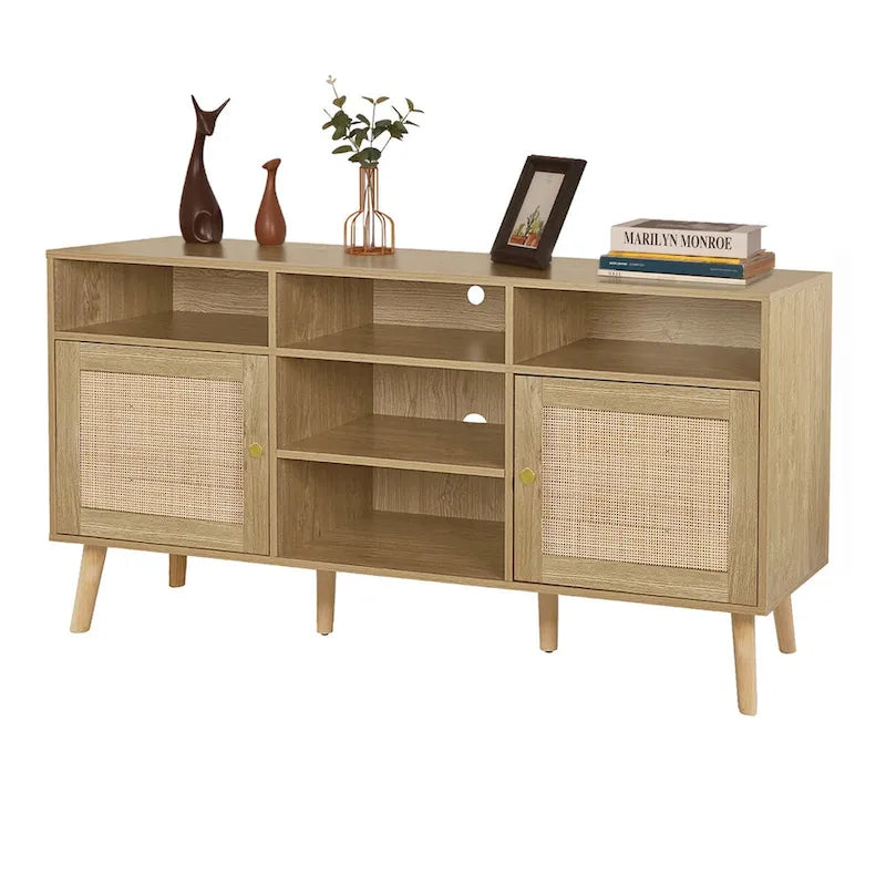 Meuble TV Anmytek moderne en rotin et bois, console, meuble TV pour téléviseurs jusqu'à 65 pouces - 59