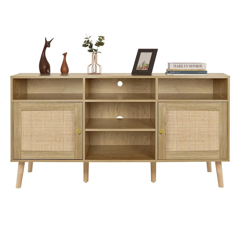 Meuble TV Anmytek moderne en rotin et bois, console, meuble TV pour téléviseurs jusqu'à 65 pouces - 59