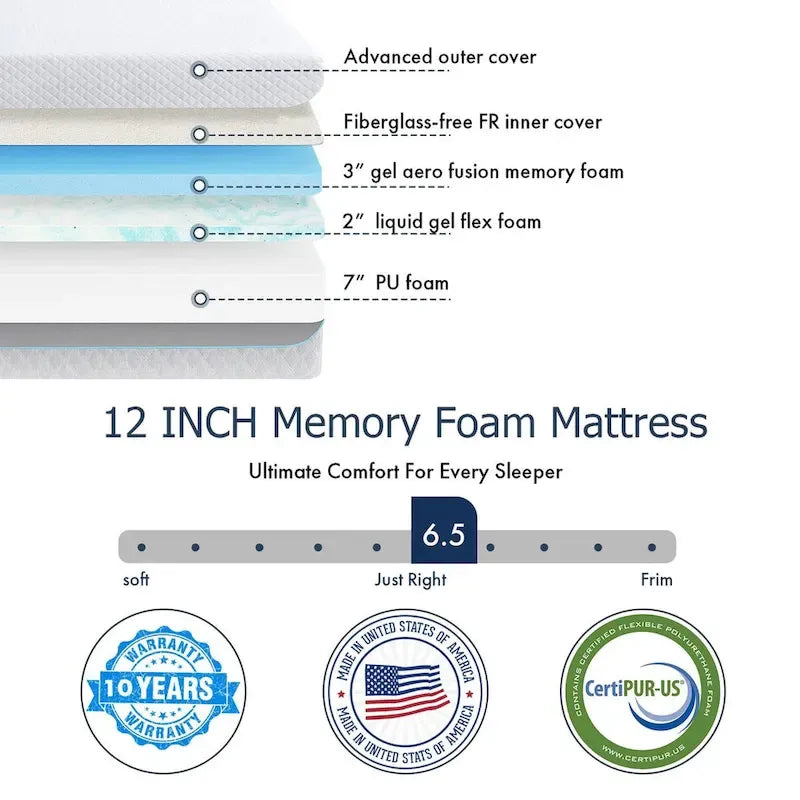 Matelas en mousse à mémoire de forme gel de 12 pouces, matelas rafraîchissant à fermeté moyenne en boîte, CertiPUR-US