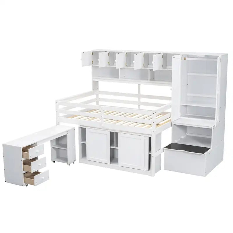 Lit mezzanine pleine grandeur en bois, grand espace de rangement avec bureau sous le lit