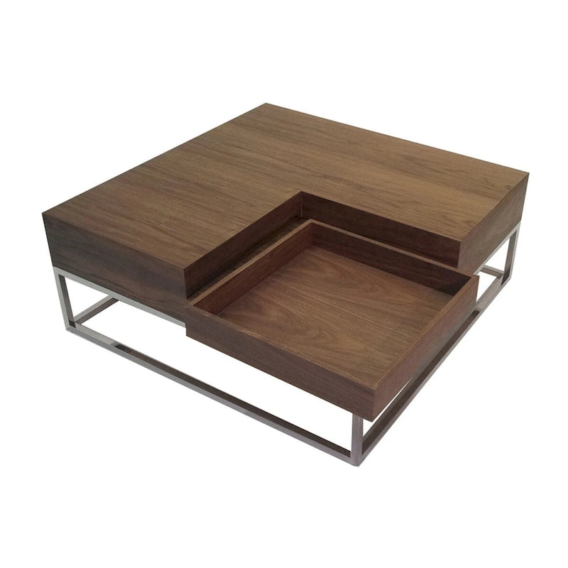 Table basse Rina 35 pouces, plateau carré en bois amovible, rangement, base en acier