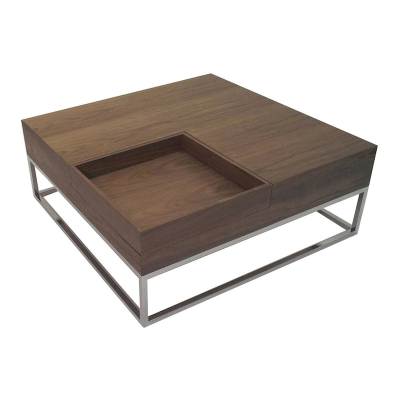 Table basse Rina 35 pouces, plateau carré en bois amovible, rangement, base en acier