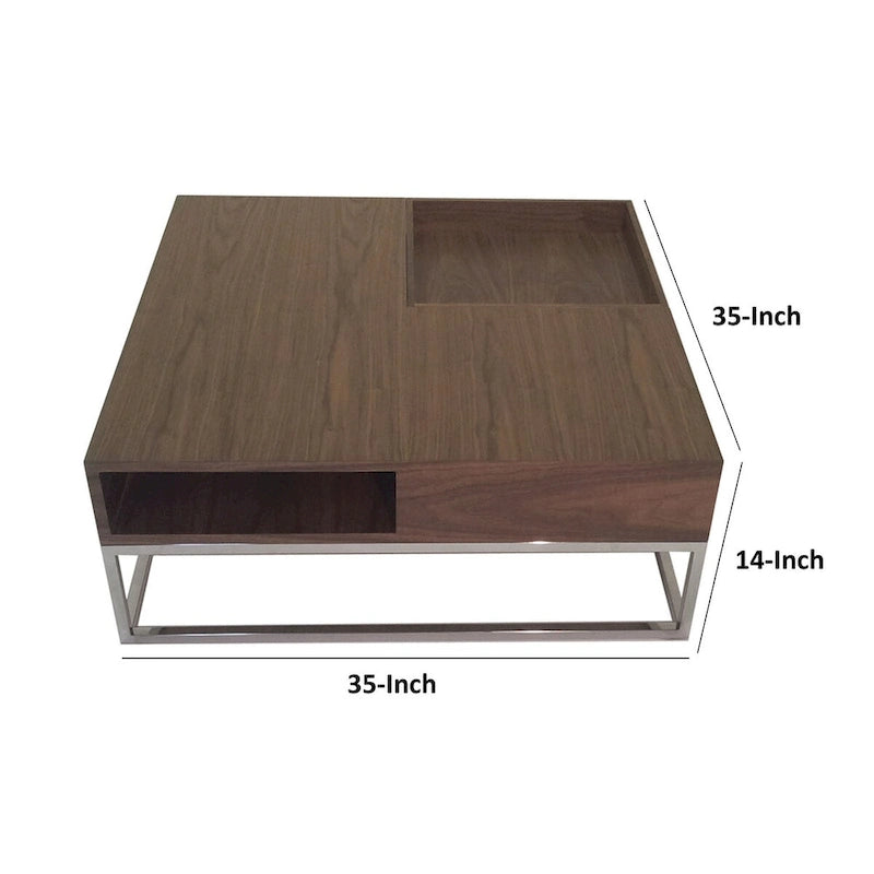 Table basse Rina 35 pouces, plateau carré en bois amovible, rangement, base en acier
