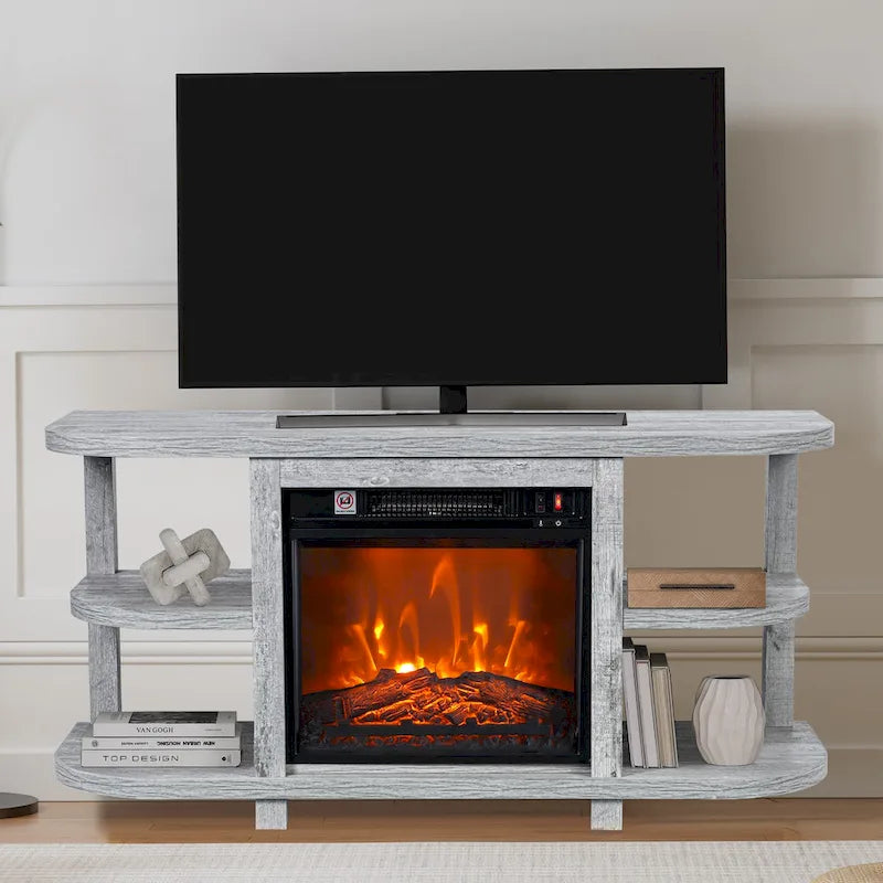 Meuble TV console de cheminée gris clair moderne avec étagères de rangement ouvertes