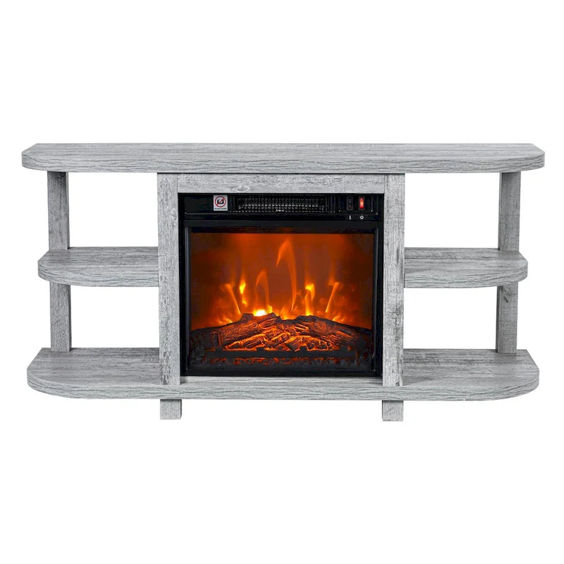 Meuble TV console de cheminée gris clair moderne avec étagères de rangement ouvertes