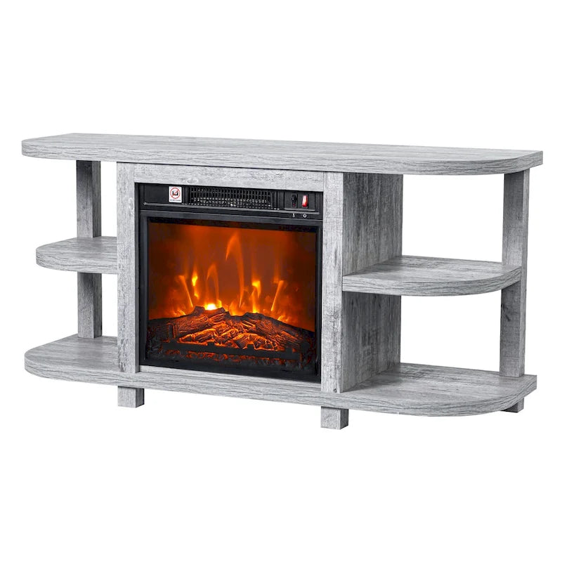 Meuble TV console de cheminée gris clair moderne avec étagères de rangement ouvertes