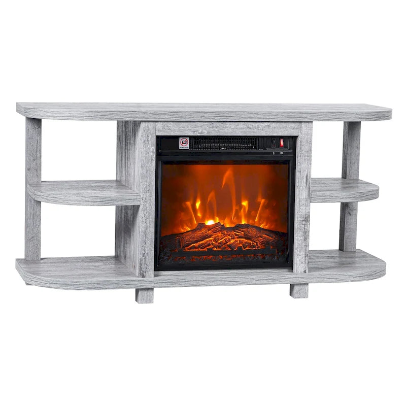 Meuble TV console de cheminée gris clair moderne avec étagères de rangement ouvertes