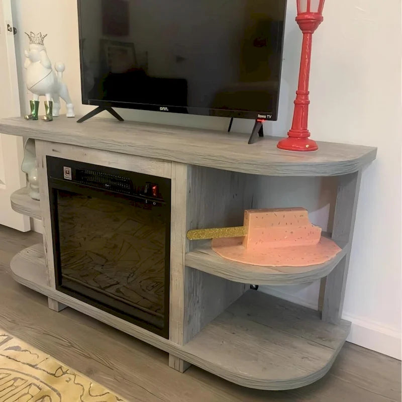 Meuble TV console de cheminée gris clair moderne avec étagères de rangement ouvertes