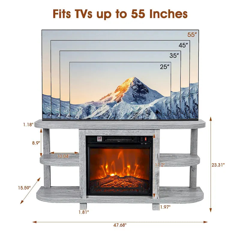 Meuble TV console de cheminée gris clair moderne avec étagères de rangement ouvertes