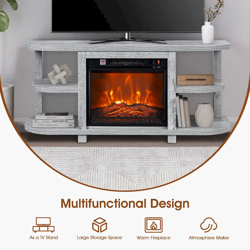 Meuble TV console de cheminée gris clair moderne avec étagères de rangement ouvertes