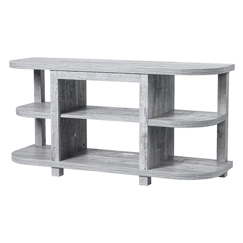 Meuble TV console de cheminée gris clair moderne avec étagères de rangement ouvertes