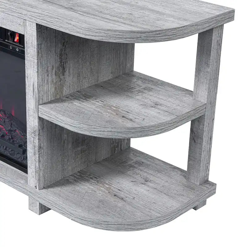Meuble TV console de cheminée gris clair moderne avec étagères de rangement ouvertes