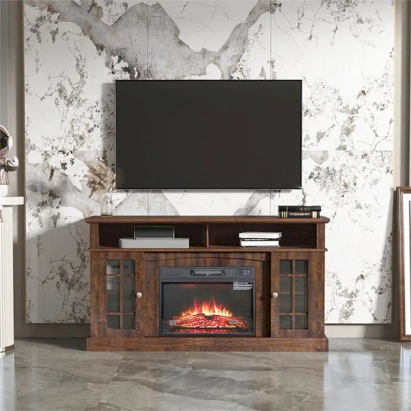 Meuble télé avec cheminée électrique et télécommande