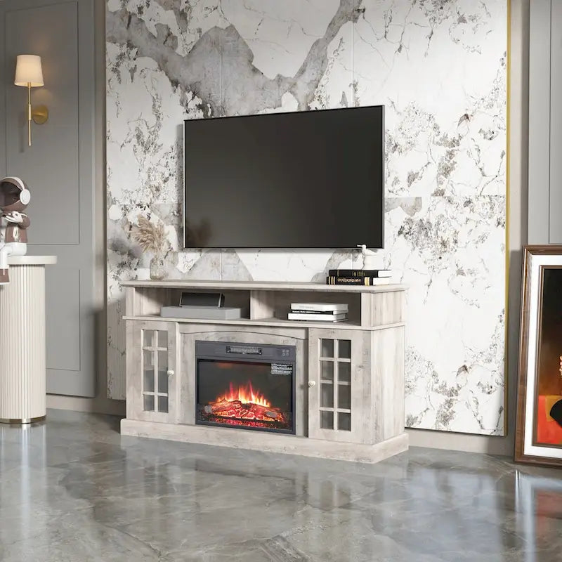 Meuble télé avec cheminée électrique et télécommande