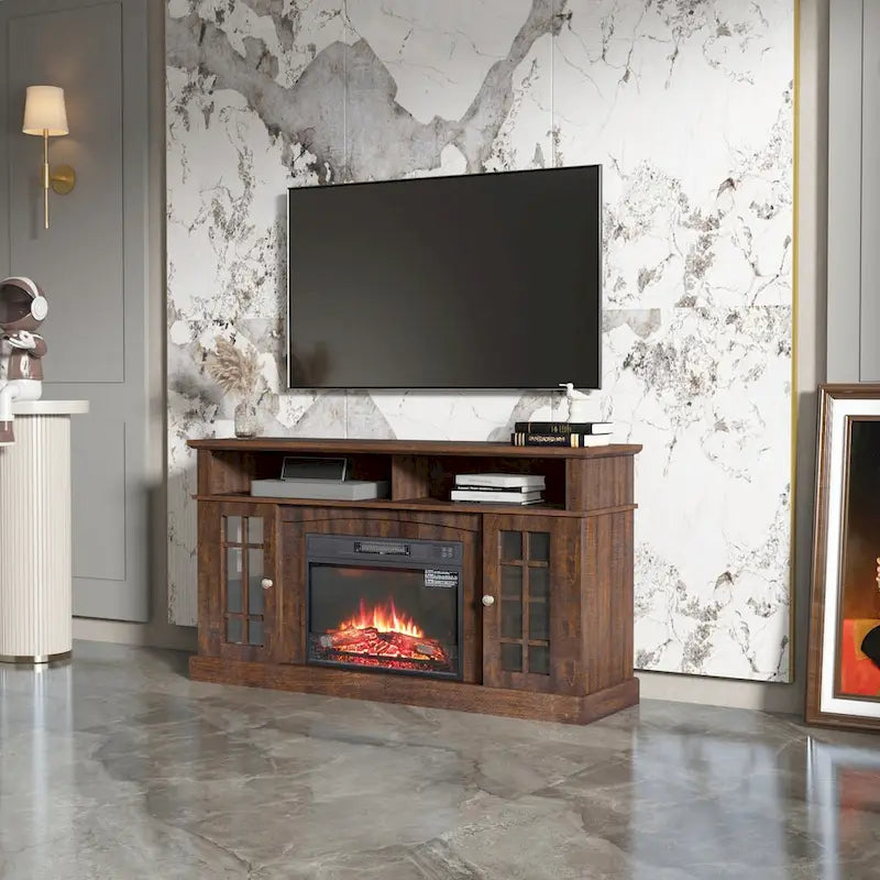 Meuble télé avec cheminée électrique et télécommande