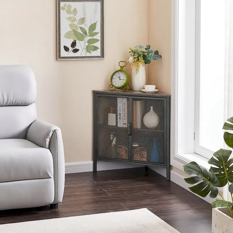 Table d'angle Javlergo, étagère de rangement moderne triangulaire à 3 niveaux avec 2 portes pour salon, chambre et bureau