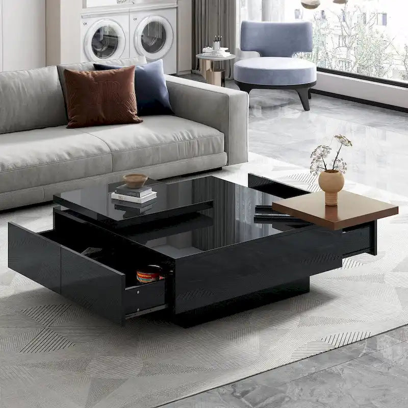 Table basse carrée moderne en bois avec plateau relevable et 4 tiroirs de rangement dissimulés