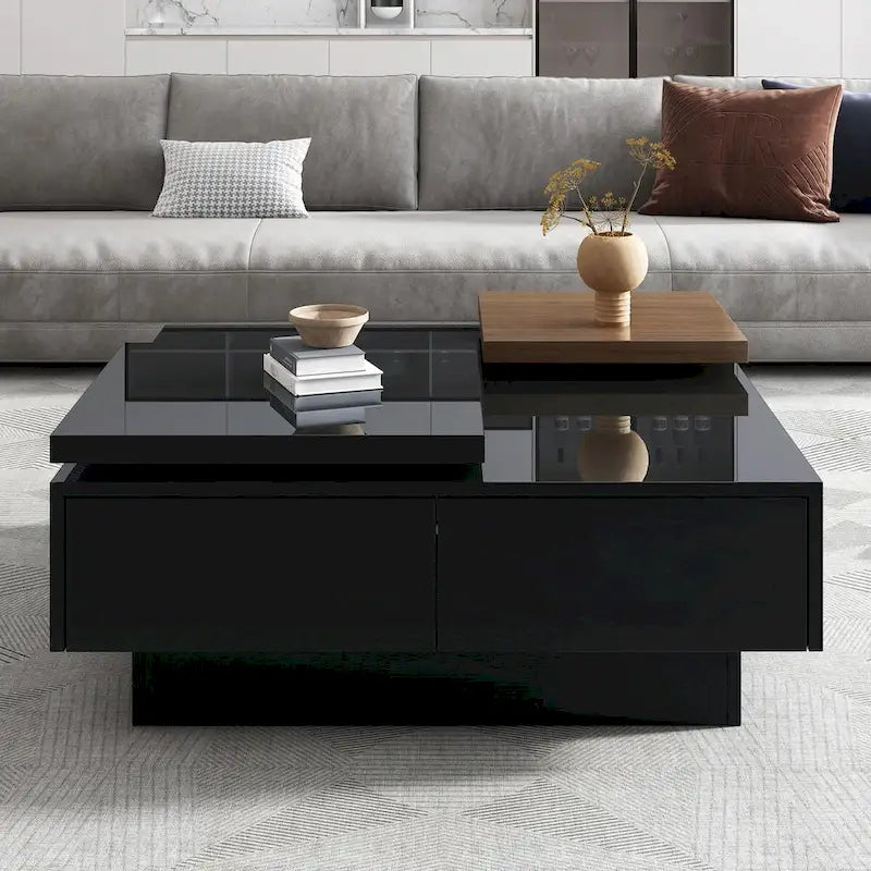 Table basse carrée moderne en bois avec plateau relevable et 4 tiroirs de rangement dissimulés