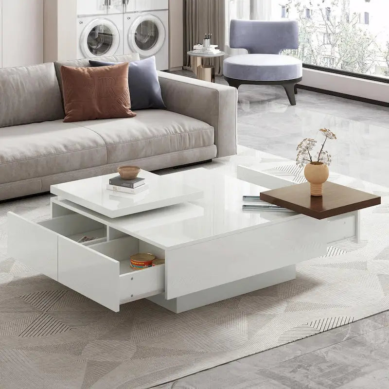 Table basse carrée moderne en bois avec plateau relevable et 4 tiroirs de rangement dissimulés