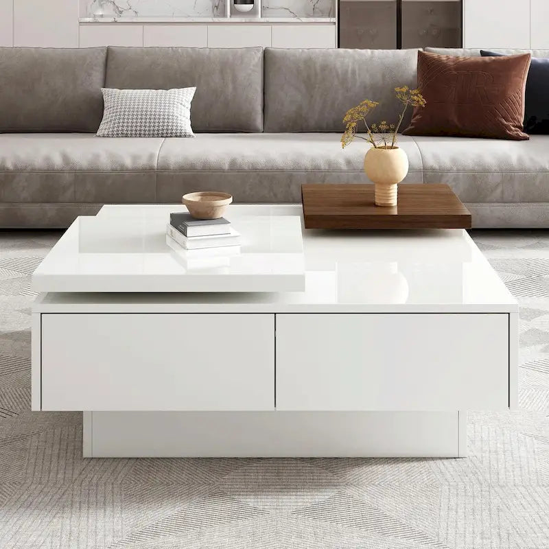Table basse carrée moderne en bois avec plateau relevable et 4 tiroirs de rangement dissimulés