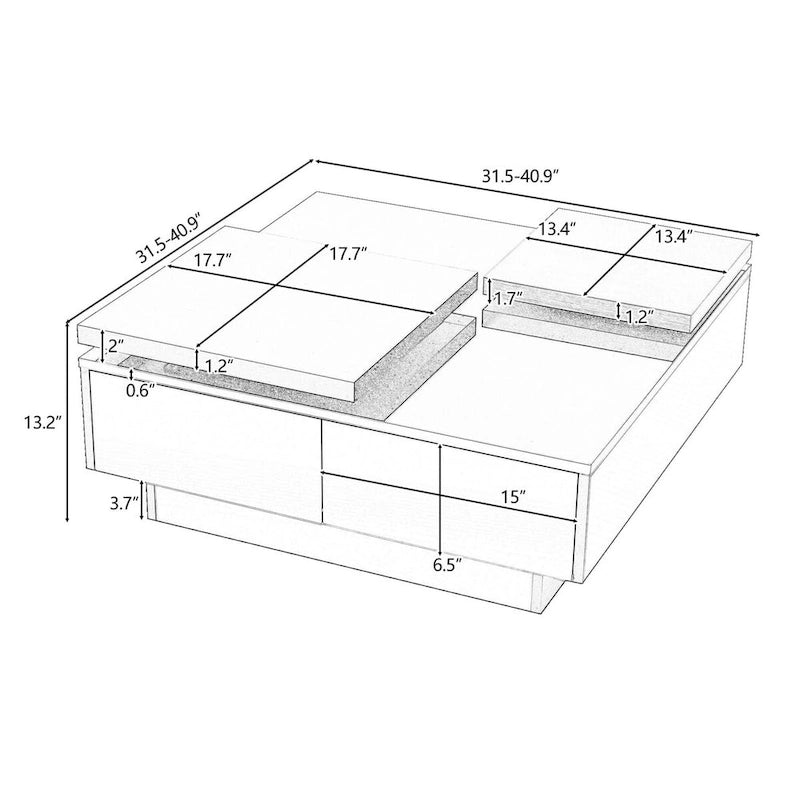 Table basse carrée moderne en bois avec plateau relevable et 4 tiroirs de rangement dissimulés