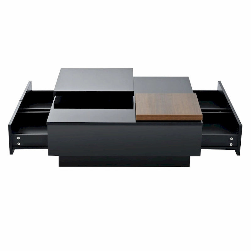 Table basse carrée moderne en bois avec plateau relevable et 4 tiroirs de rangement dissimulés