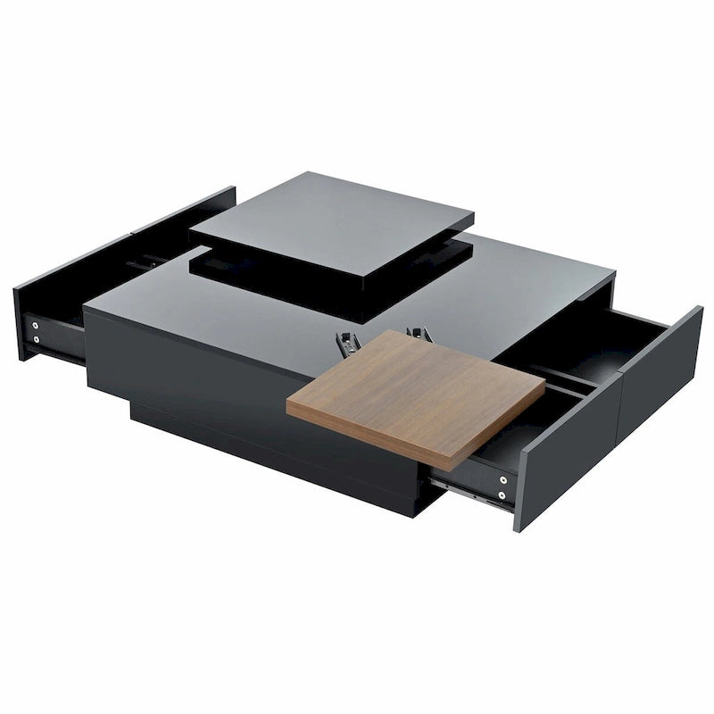 Table basse carrée moderne en bois avec plateau relevable et 4 tiroirs de rangement dissimulés