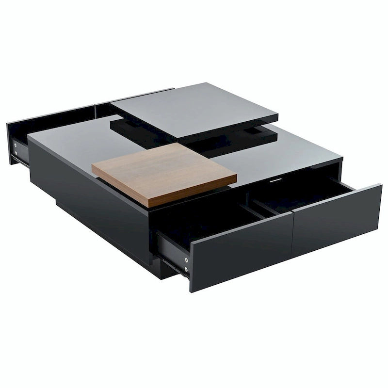 Table basse carrée moderne en bois avec plateau relevable et 4 tiroirs de rangement dissimulés