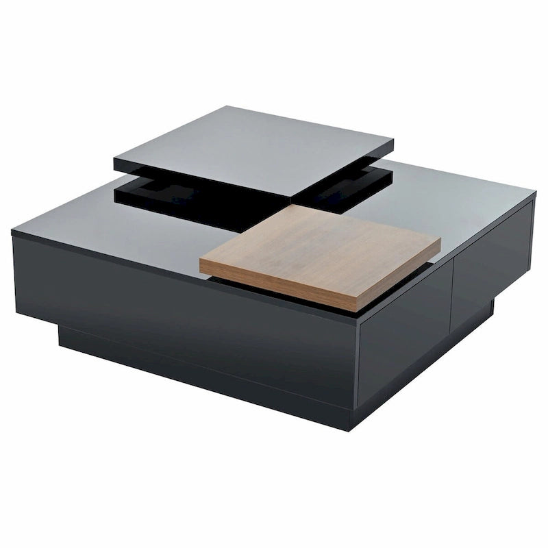 Table basse carrée moderne en bois avec plateau relevable et 4 tiroirs de rangement dissimulés