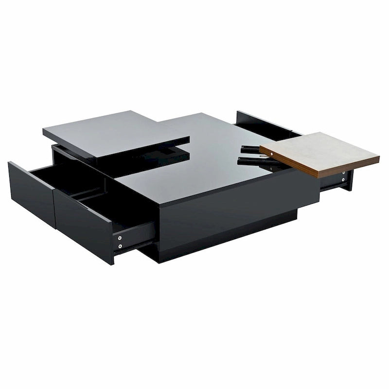 Table basse carrée moderne en bois avec plateau relevable et 4 tiroirs de rangement dissimulés