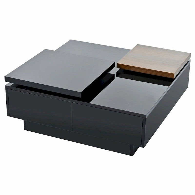 Table basse carrée moderne en bois avec plateau relevable et 4 tiroirs de rangement dissimulés