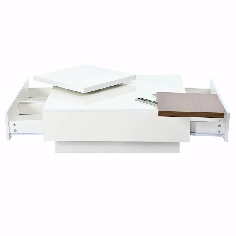 Table basse carrée moderne en bois avec plateau relevable et 4 tiroirs de rangement dissimulés