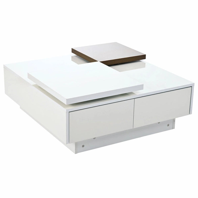 Table basse carrée moderne en bois avec plateau relevable et 4 tiroirs de rangement dissimulés