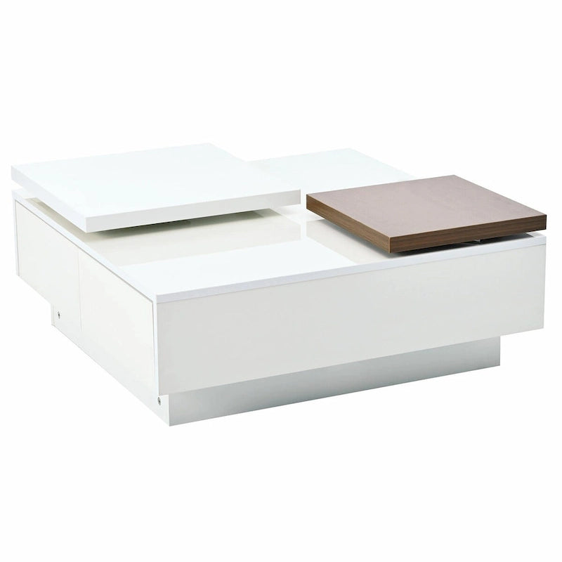 Table basse carrée moderne en bois avec plateau relevable et 4 tiroirs de rangement dissimulés
