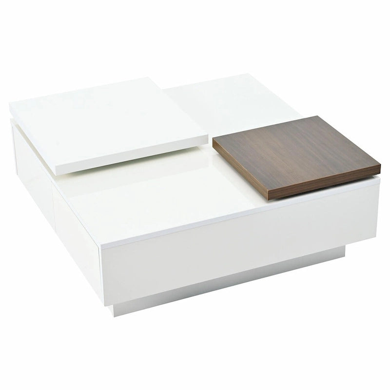 Table basse carrée moderne en bois avec plateau relevable et 4 tiroirs de rangement dissimulés