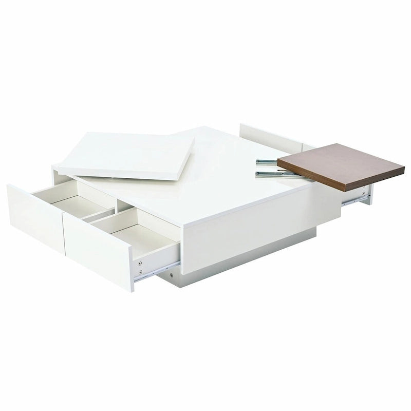 Table basse carrée moderne en bois avec plateau relevable et 4 tiroirs de rangement dissimulés