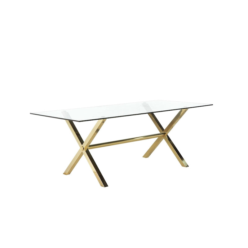 Table à manger Tia de 79 po, plateau rectangulaire en verre trempé, or, transparent