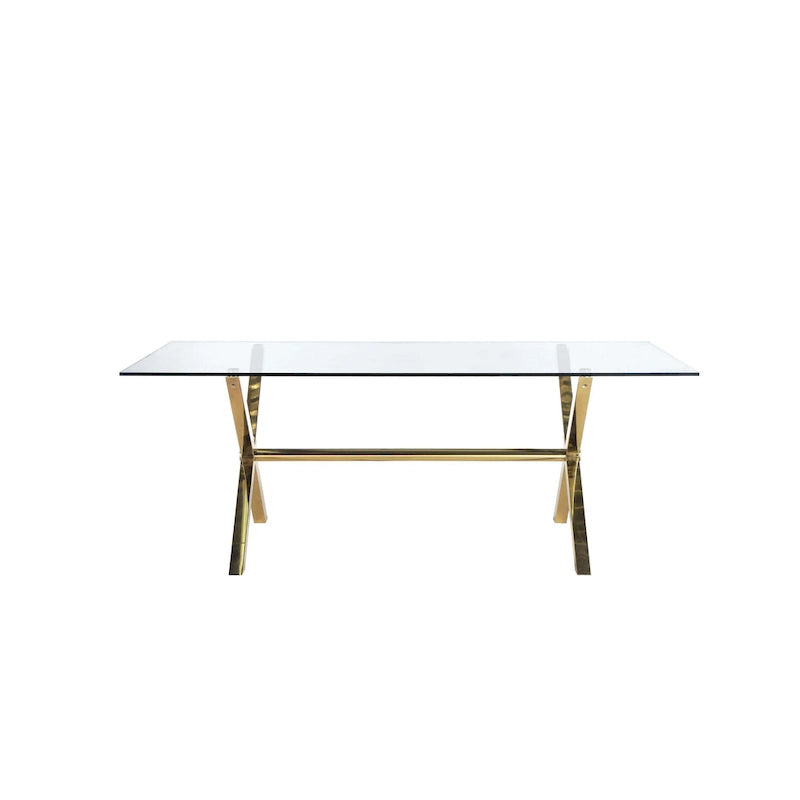 Table à manger Tia de 79 po, plateau rectangulaire en verre trempé, or, transparent
