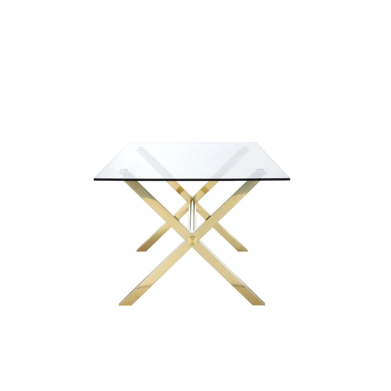 Table à manger Tia de 79 po, plateau rectangulaire en verre trempé, or, transparent