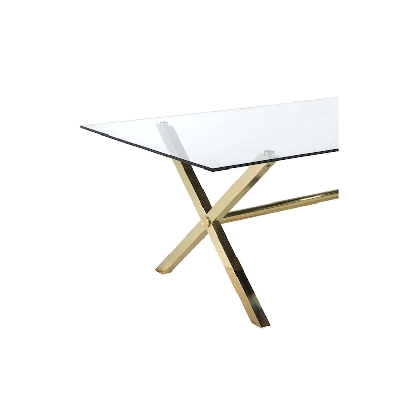 Table à manger Tia de 79 po, plateau rectangulaire en verre trempé, or, transparent