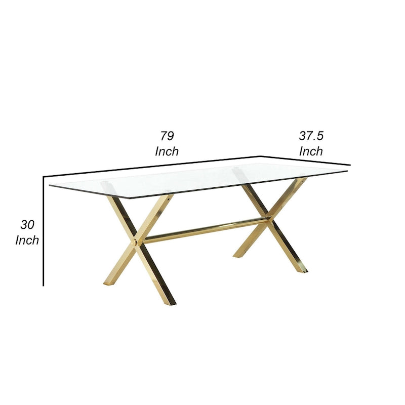 Table à manger Tia de 79 po, plateau rectangulaire en verre trempé, or, transparent