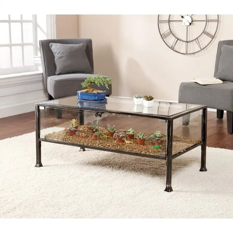 Table basse rectangulaire en verre noir et métal 43 - H 47 cm x L 108 cm x P 53 cm