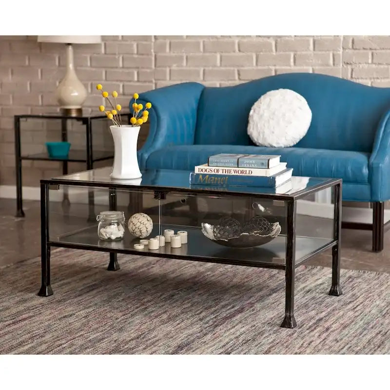 Table basse rectangulaire en verre noir et métal 43 - H 47 cm x L 108 cm x P 53 cm