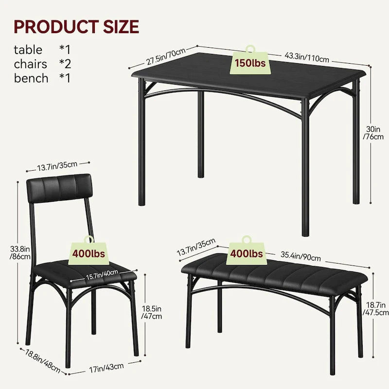 Ensemble de salle à manger 4 pièces avec 2 chaises rembourrées, 1 banc, 1 table de salle à manger
